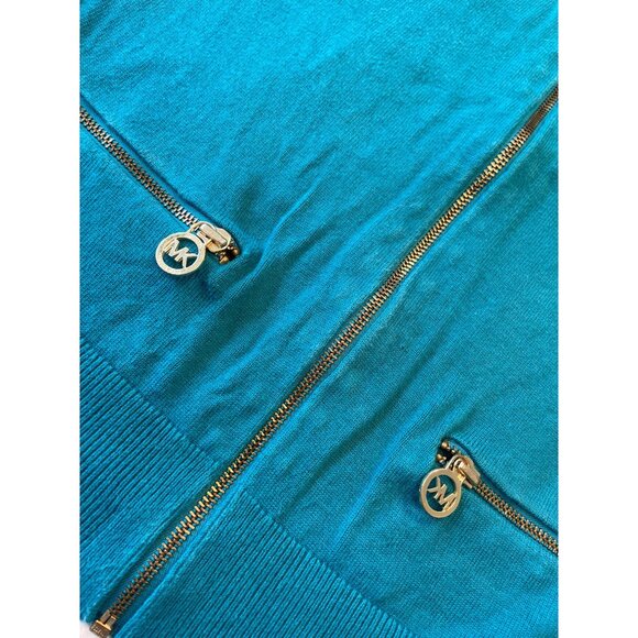 Michael Michael Kors Teal Zip-Up Cardigan With Gold Accents & Pockets M Classic - Picture 9 of 10